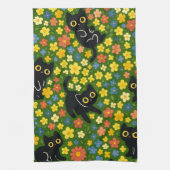 Cute Black Cats Floral Meadow Pattern Theedoek (Verticaal)