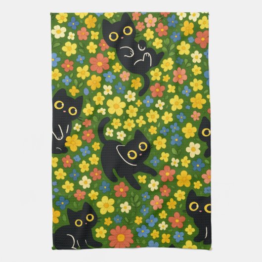 Cute Black Cats Floral Meadow Pattern Theedoek (Verticaal)