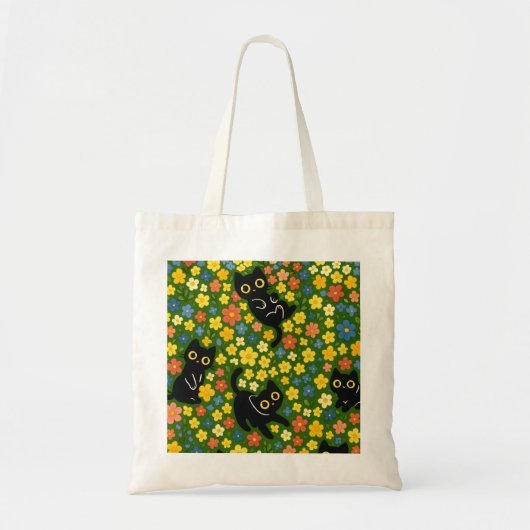 Cute Black Cats Floral Meadow Pattern Tote Bag (Voorkant)