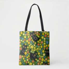Cute Black Cats Floral Meadow Pattern Tote Bag