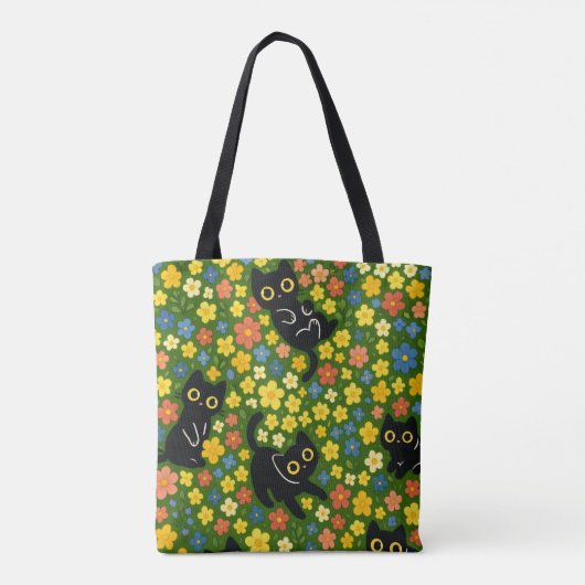 Cute Black Cats Floral Meadow Pattern Tote Bag (Achterkant)
