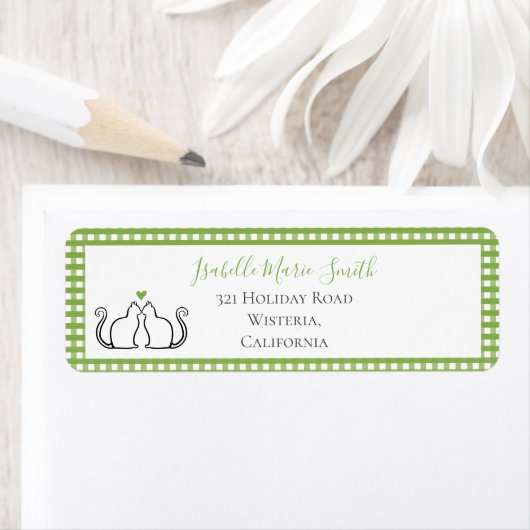 Cute Black Cats Green Heart Gingham Border White Etiket (Insitu)