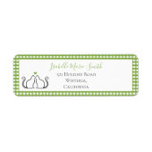 Cute Black Cats Green Heart Gingham Border White Etiket (Voorkant)