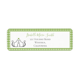 Cute Black Cats Green Heart Gingham Border White Etiket