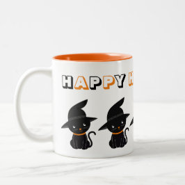 Cute Black Cats met heks Petten Happy Halloween Tweekleurige Koffiemok