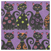 Cute Black Cats op Paarse Halloween Pattern Stof (Close Up)