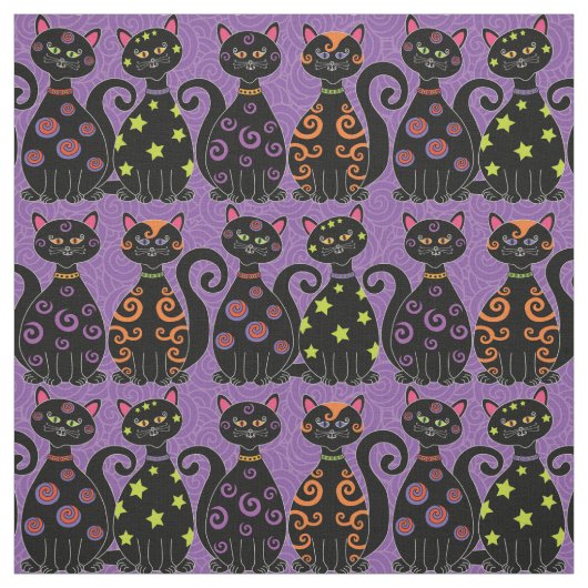 Cute Black Cats op Paarse Halloween Pattern Stof (Swatch)