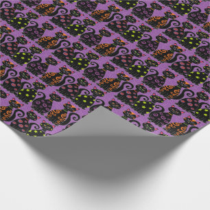 Cute Black Cats Paars Whimsical Halloween Patroon Cadeaupapier