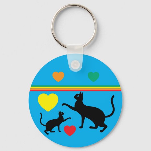 Cute Black Cats & Rainbow Shapes Blue Keychain (Voorkant)