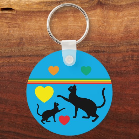 Cute Black Cats & Rainbow Shapes Blue Keychain (Achterkant)