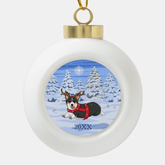 Cute Black Corgi-kerstrendieren kostuum Keramische Bal Ornament (Voorkant)