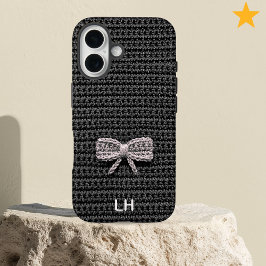 Cute Black Crochet Bow Yarn Custom Name iPhone 16 Hoesje