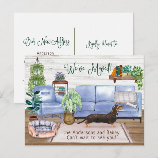 Cute Black Dachshund Cozy New Home Moving       Aankondigingskaart (Voorkant / Achterkant)