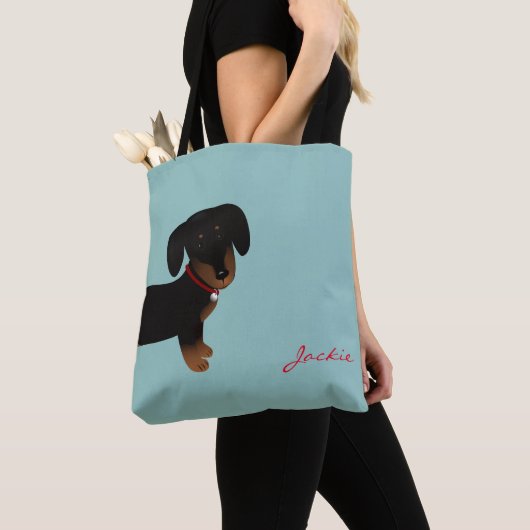Cute Black Dachshund voor- en achterontwerp Tote Bag (Dichtbij)