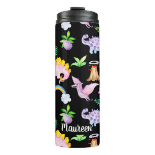 Cute Black Dinosaur Rainbow Waterverf Oerwoud Thermosbeker