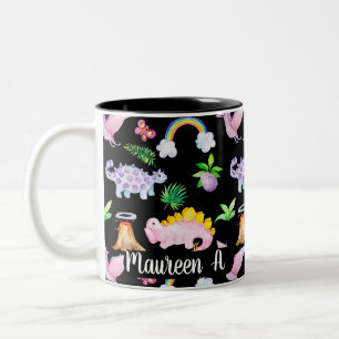 Cute Black Dinosaur Rainbow Waterverf Oerwoud Tweekleurige Koffiemok