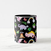 Cute Black Dinosaur Rainbow Waterverf Oerwoud Tweekleurige Koffiemok (Center)