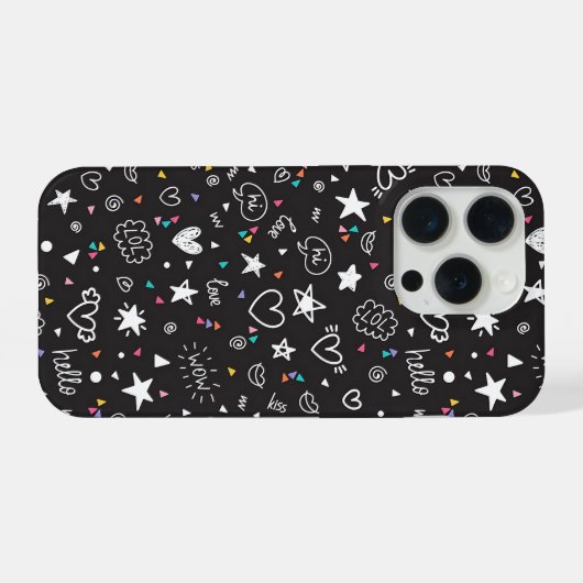 Cute Black Doodle Pattern Phone Case with Hearts iPhone Hoesje (Achterkant horizontaal)