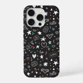 Cute Black Doodle Pattern Phone Case with Hearts iPhone 15 Pro Case