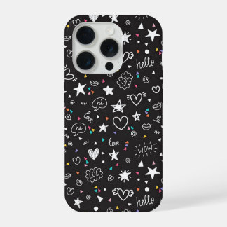 Cute Black Doodle Pattern Phone Case with Hearts iPhone 15 Pro Case