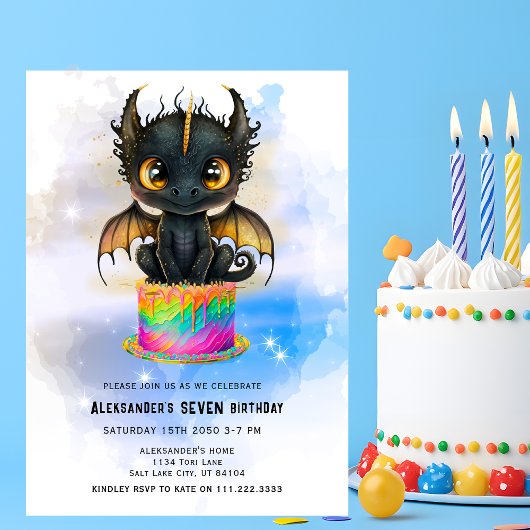 Cute Black Dragon Rainbow Cake Fairytale Birthday  Kaart