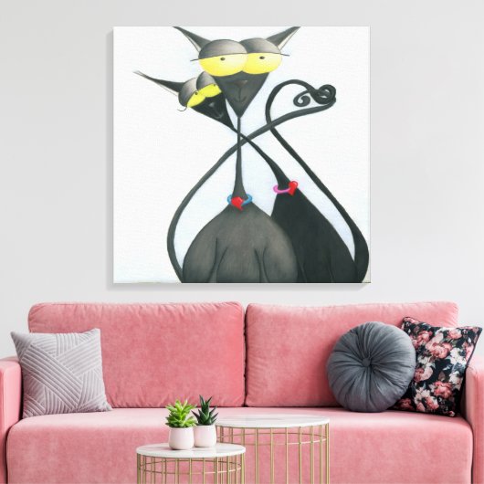 Cute Black en Grey Cat Cartoon Canvas Afdruk (Insitu (Woonkamer))