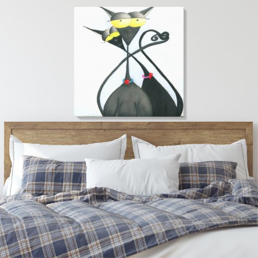Cute Black en Grey Cat Cartoon Canvas Afdruk (Insitu (Slaapkamer))