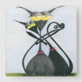 Cute Black en Grey Cat Cartoon Vierkante Klok