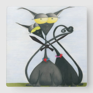 Cute Black en Grey Cat Cartoon Vierkante Klok