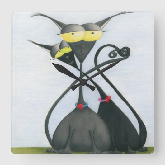 Cute Black en Grey Cat Cartoon Vierkante Klok (Voorkant)