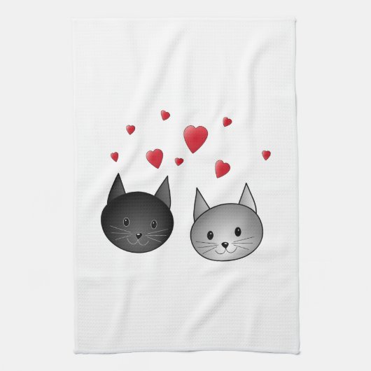 Cute Black en Grey Cats, met hart. Theedoek (Verticaal)