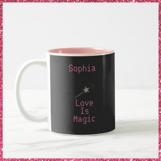 Cute Black en Roze Love is Magic Tweekleurige Koffiemok