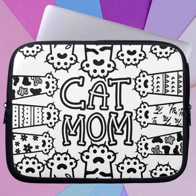 Cute Black en white cat mama met kattenpoten Laptop Sleeve (Stylish Cat Mom For Cat Lovers Laptop Sleeve)