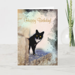 Cute Black en White Cat Personalized Pet Birthday Kaart