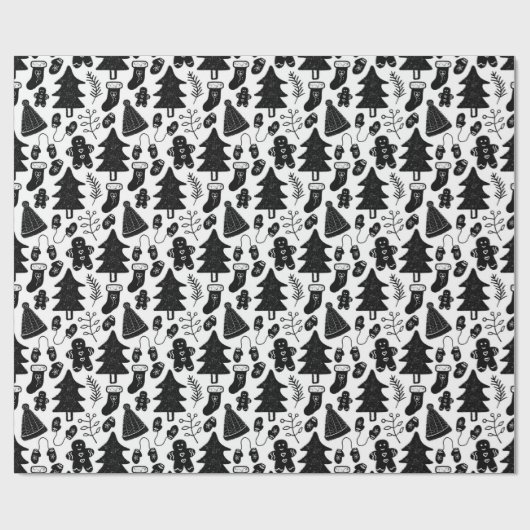 Cute Black en White Kerstmis Doodle Pattern Cadeaupapier (Vlak)