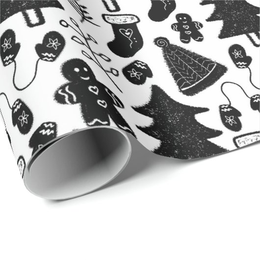 Cute Black en White Kerstmis Doodle Pattern Cadeaupapier (Rol Hoek)