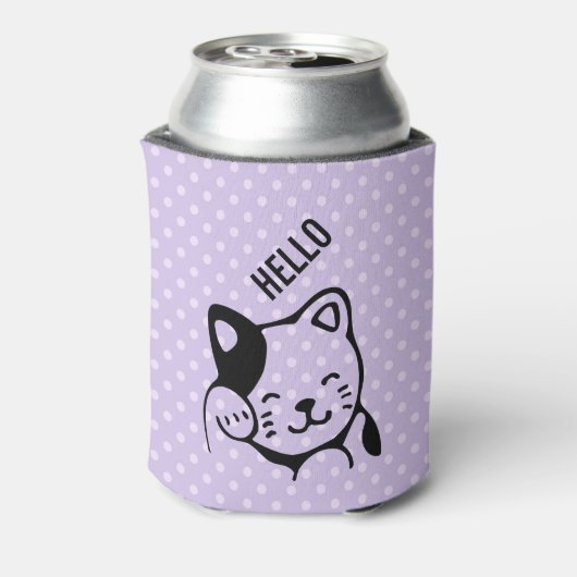 Cute Black en White Kitty Cat Waving Hallo Blikjeskoeler (Blikje Achterkant)