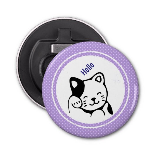Cute Black en White Kitty Cat Waving Hallo Button Flesopener (Voorkant)