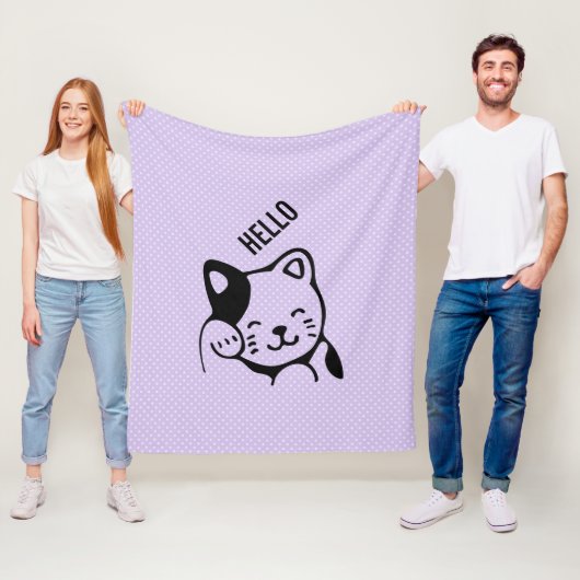 Cute Black en White Kitty Cat Waving Hallo Fleece Deken (In situ)