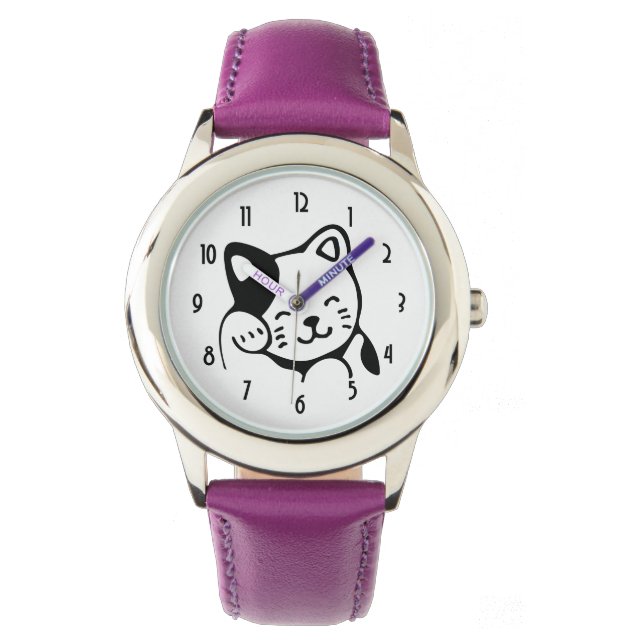 Cute Black en White Kitty Cat Waving Hallo Horloge (Voorkant)