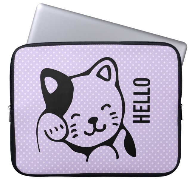 Cute Black en White Kitty Cat Waving Hallo Laptop Sleeve (Voorkant)
