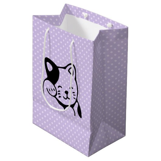 Cute Black en White Kitty Cat Waving Hallo Medium Cadeauzakje (Voorkant Gekanteld)
