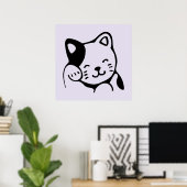 Cute Black en White Kitty Cat Waving Hallo Poster (Thuiskantoor)