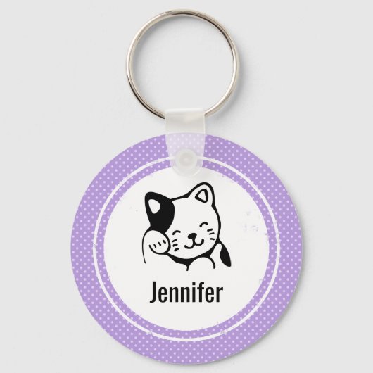 Cute Black en White Kitty Cat Waving Hallo Sleutelhanger (Voorkant)