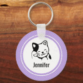 Cute Black en White Kitty Cat Waving Hallo Sleutelhanger (Voorkant)