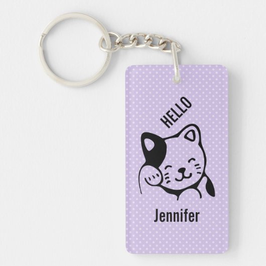 Cute Black en White Kitty Cat Waving Hallo Sleutelhanger (Voorkant)