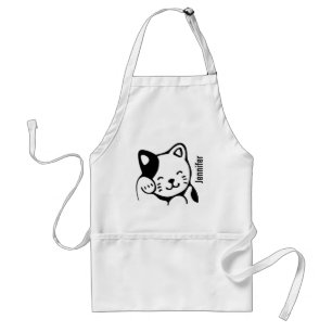 Cute Black en White Kitty Cat Waving Hallo Standaard Schort