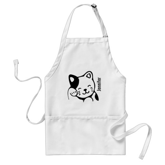 Cute Black en White Kitty Cat Waving Hallo Standaard Schort (Voorkant)