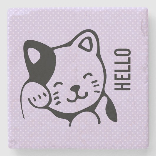 Cute Black en White Kitty Cat Waving Hallo Stenen Onderzetter (Voorkant)