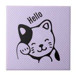 Cute Black en White Kitty Cat Waving Hallo Tegeltje